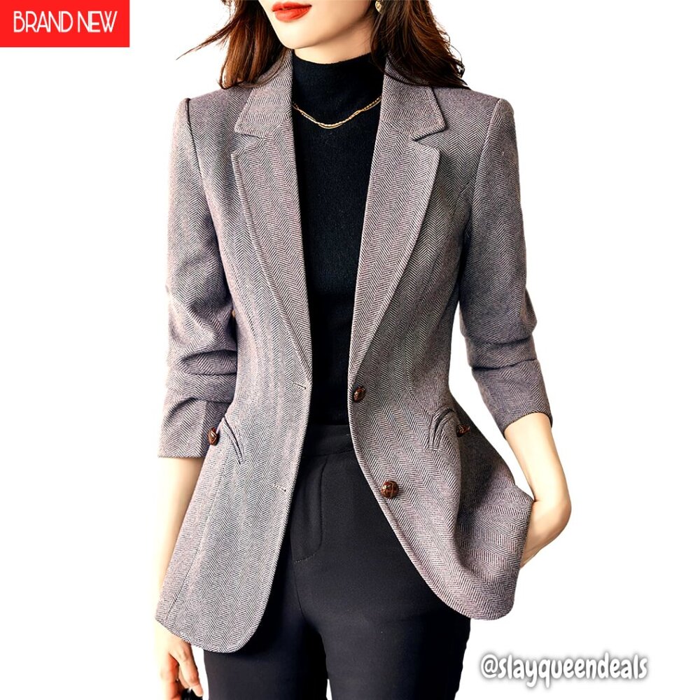 Wool Blend Blazer Slim Fit Notched Lapel Plaid Herringbone Office Wear